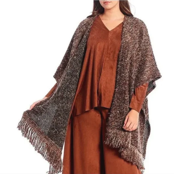 Bryn Walker Fall Poncho Wrap Open Long Fringe Bohemian Sweater Wool Shaggy Coat - Picture 3 of 8
